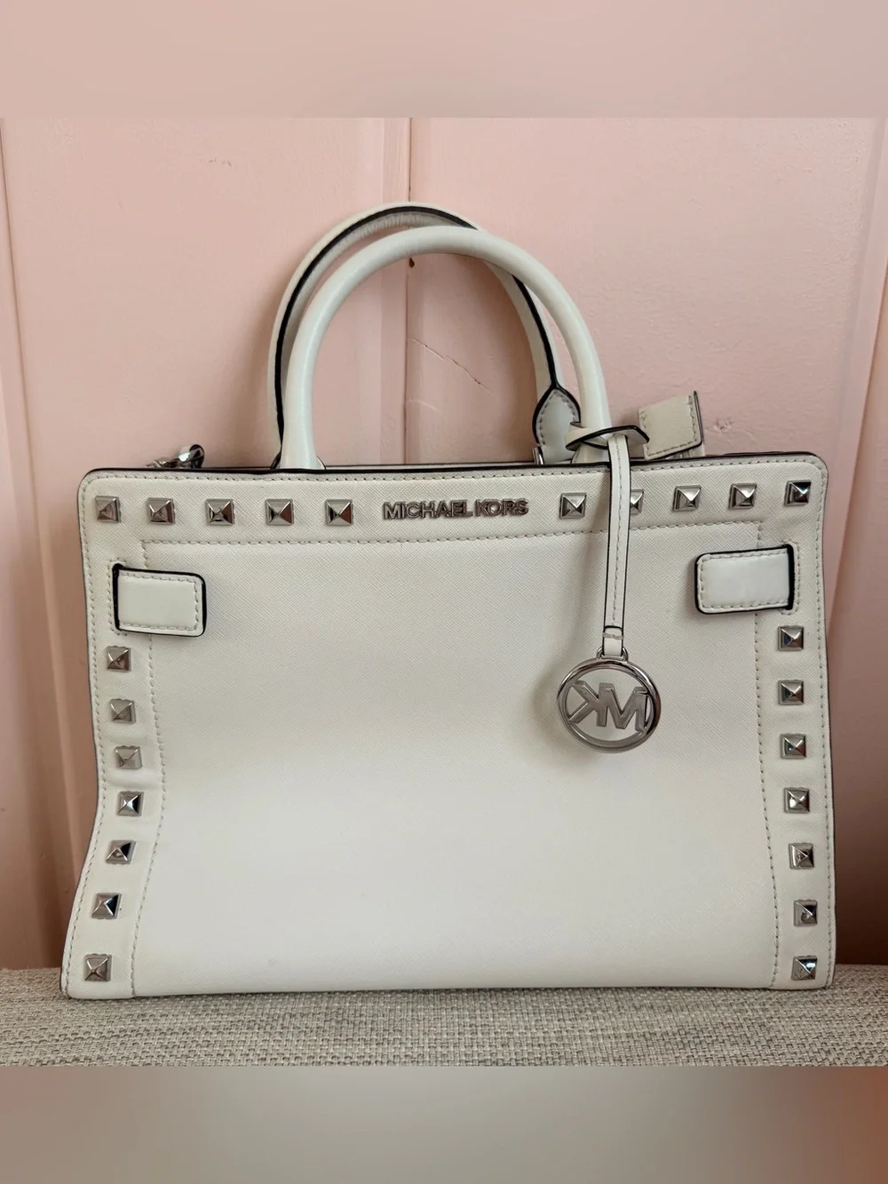Michael Kors Rayne SatchelOptic White Saffiano Leather Satchel with Silver Studs